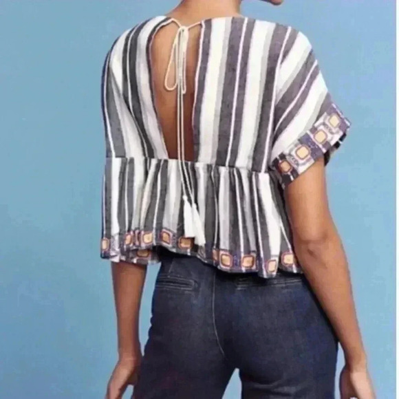 Anthropologie Maeve peplum top keyhole back fringe tie - Picture 2 of 5